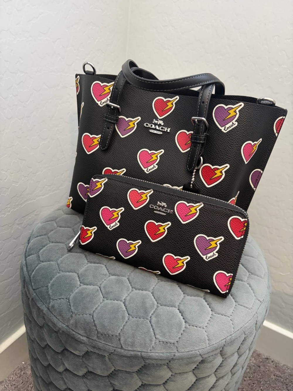 COACH Black Leather Tote with Red and Purple Heart Prints
